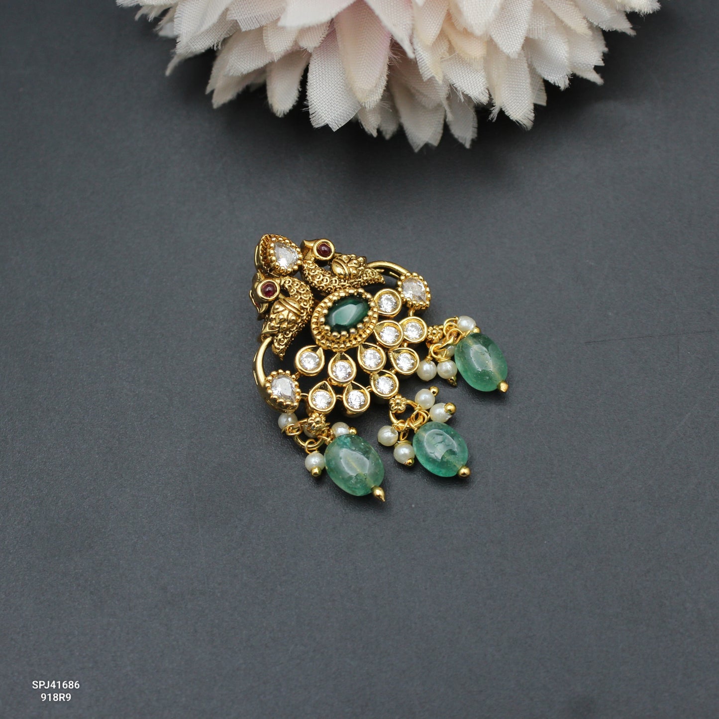 41686 Nakshi Peacock Locket Green With Openable Hook 1.4 Inch