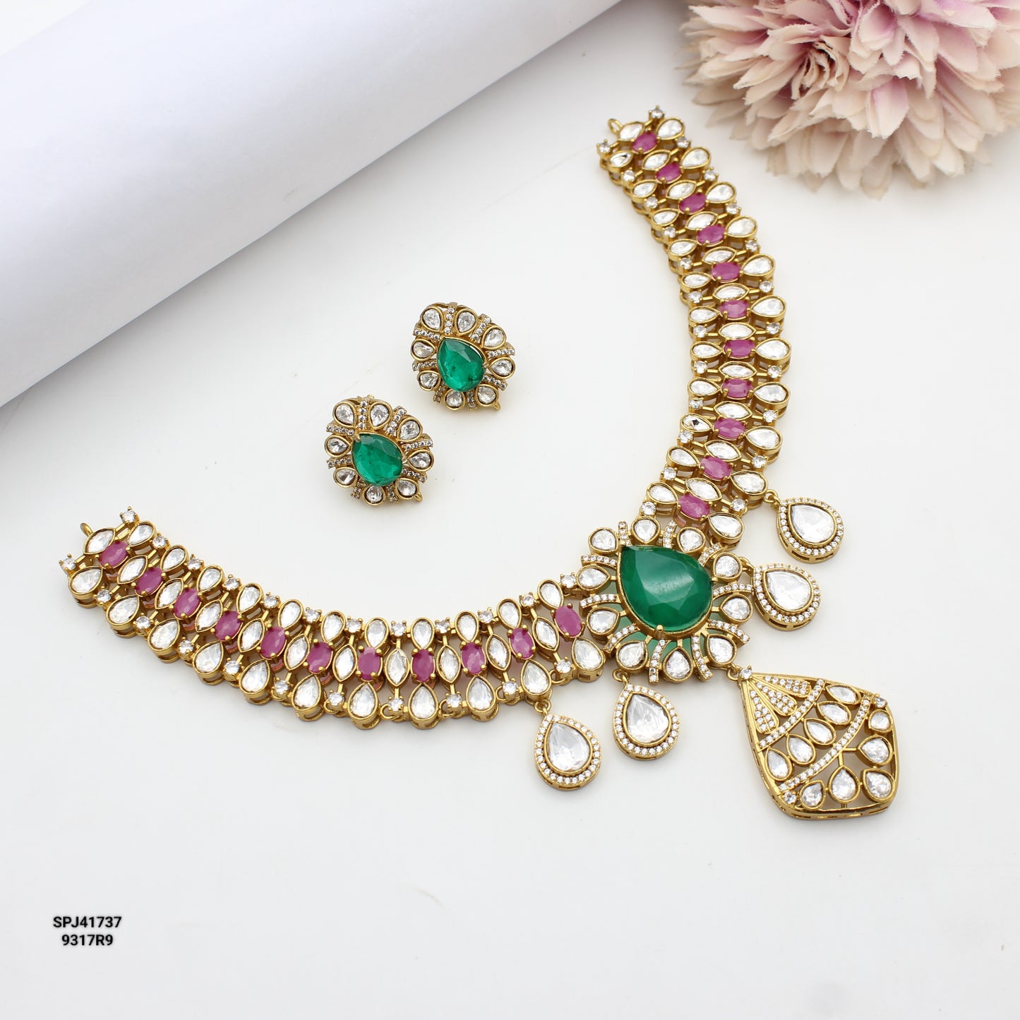 Moissanite Ruby Emerald Short Necklace Set
