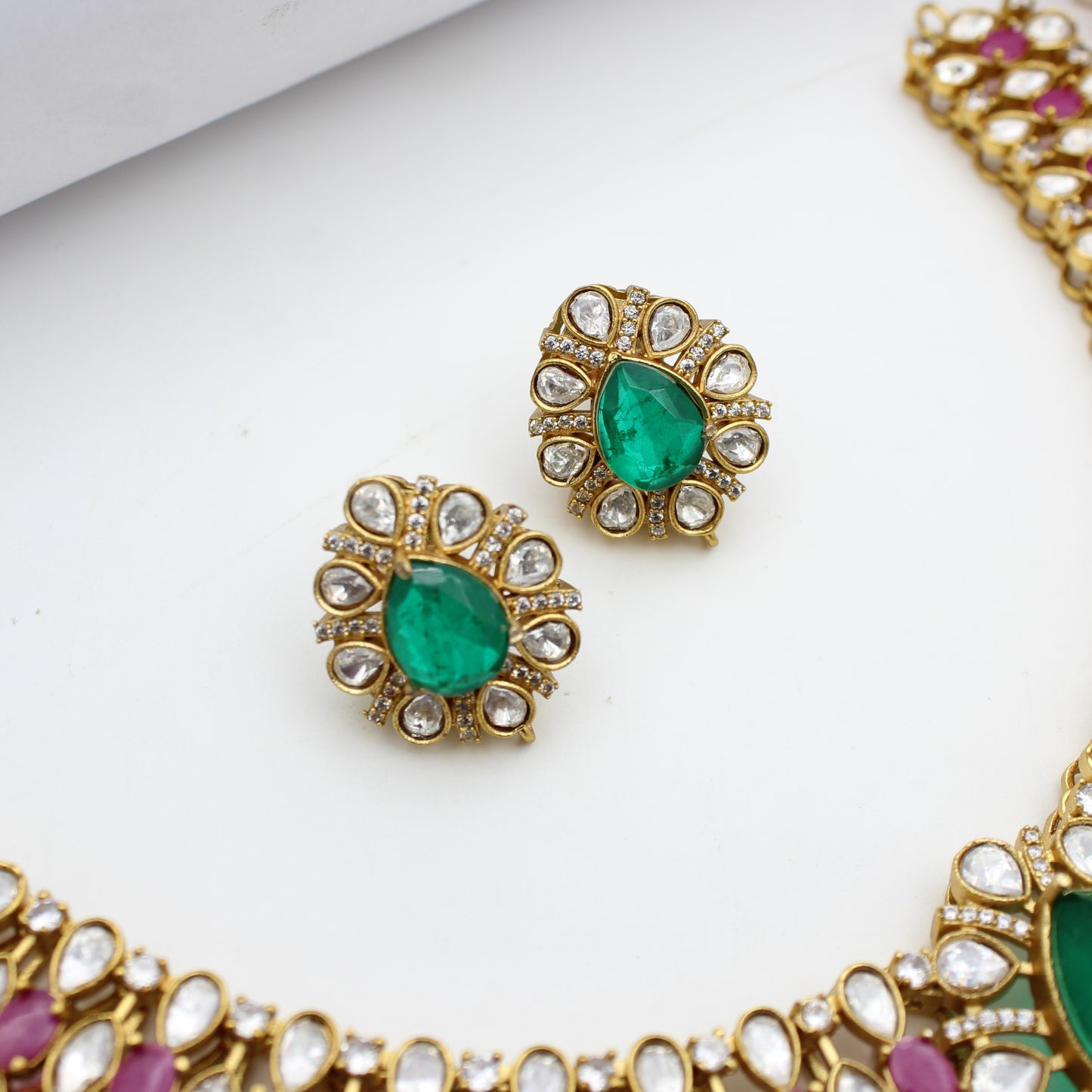 Moissanite Ruby Emerald Short Necklace Set