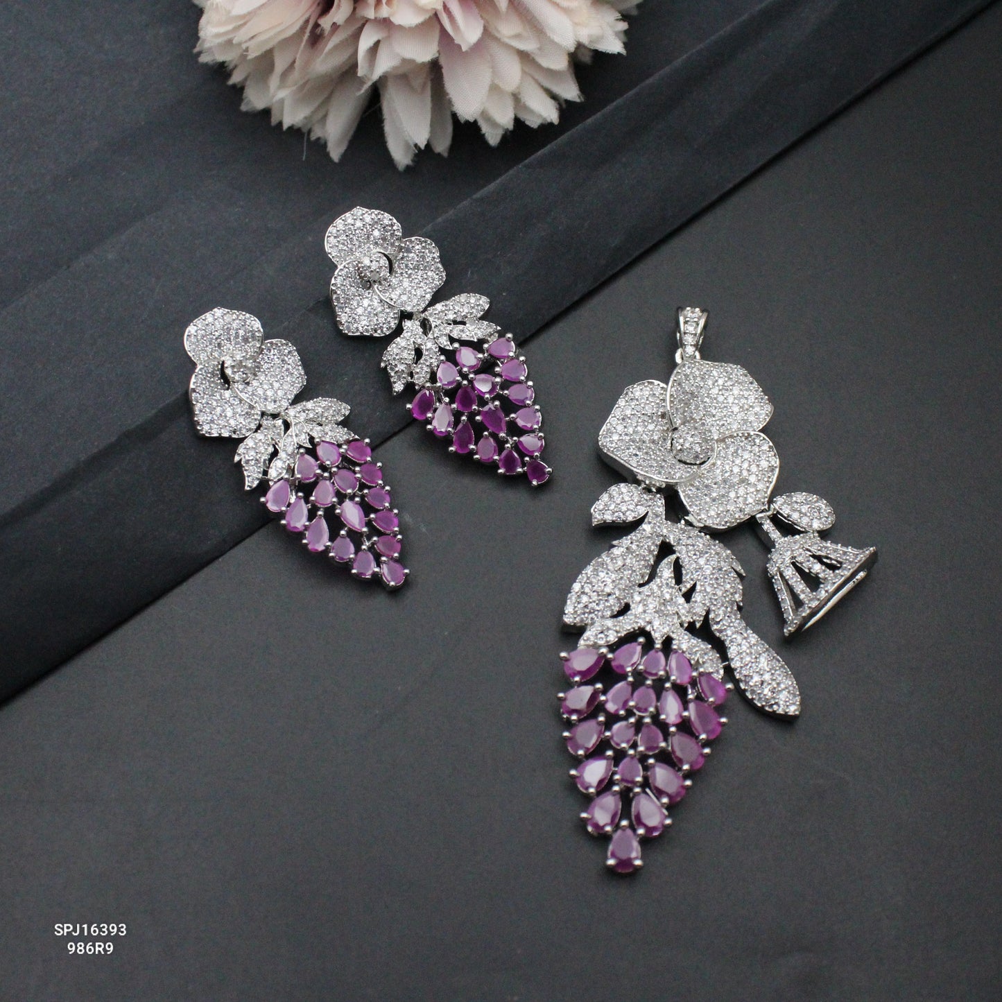 16393 Platinum Flower Pendant Set Pink