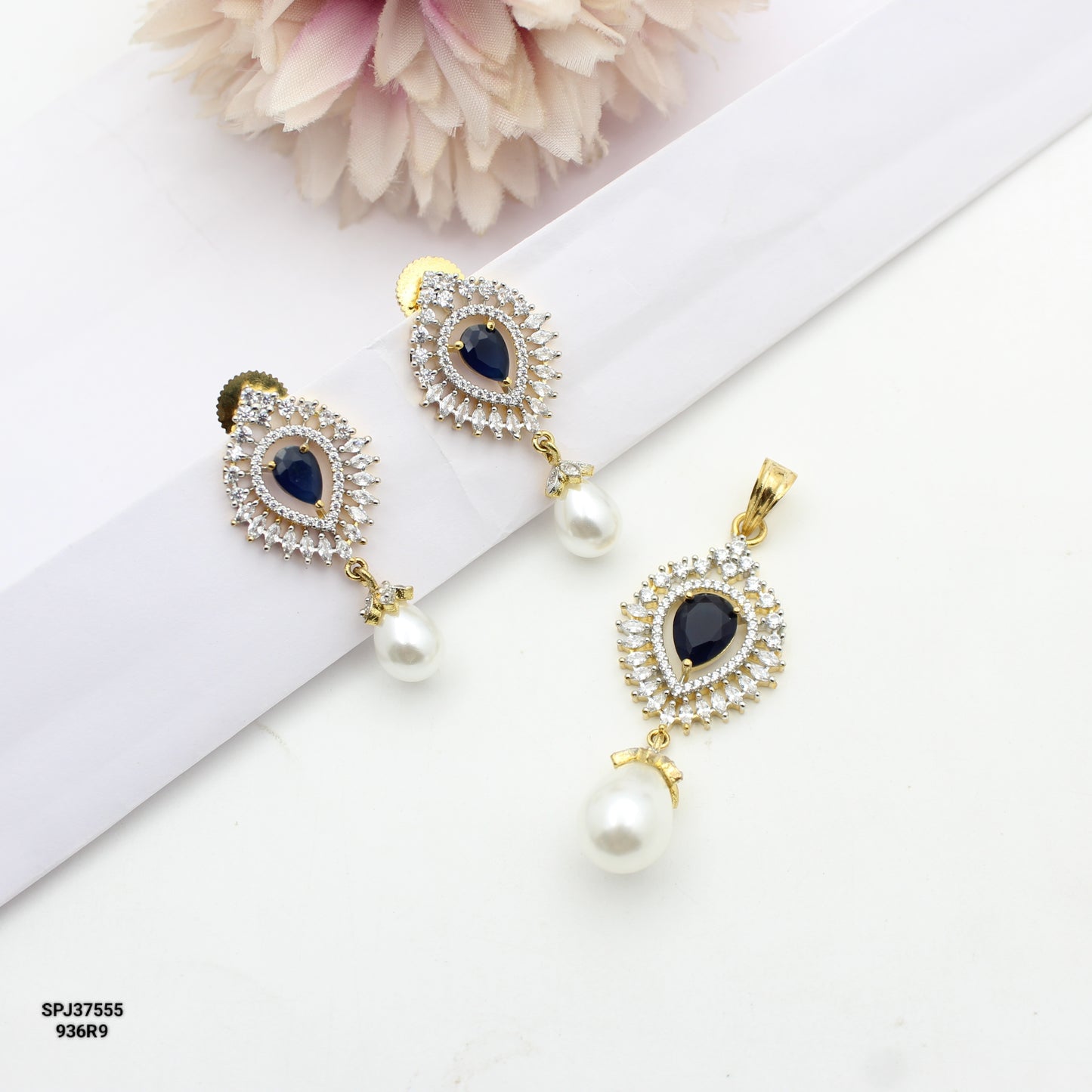 37555 GJ Pearl Drop Pendant Set Blue