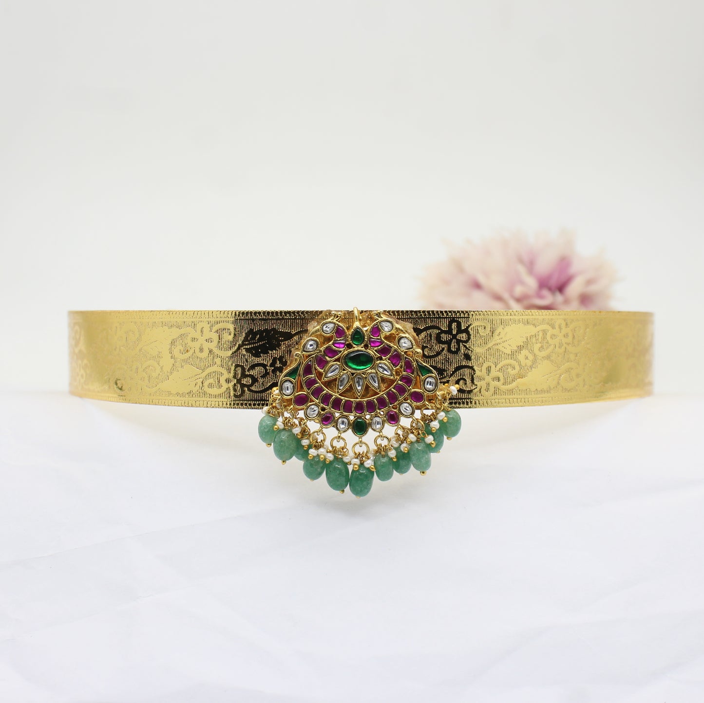 41747 Jadau Kundan single locket printed baby size Vaddanam 22-28inches waist size