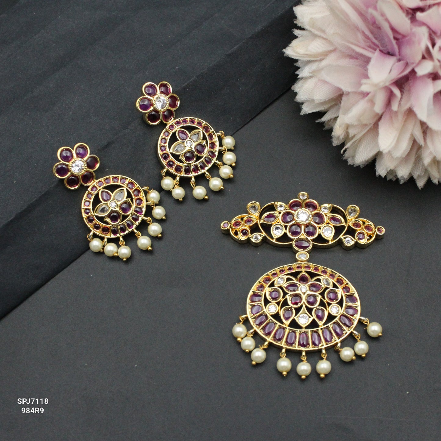 7118 Red Kempu Stone Pendant Set