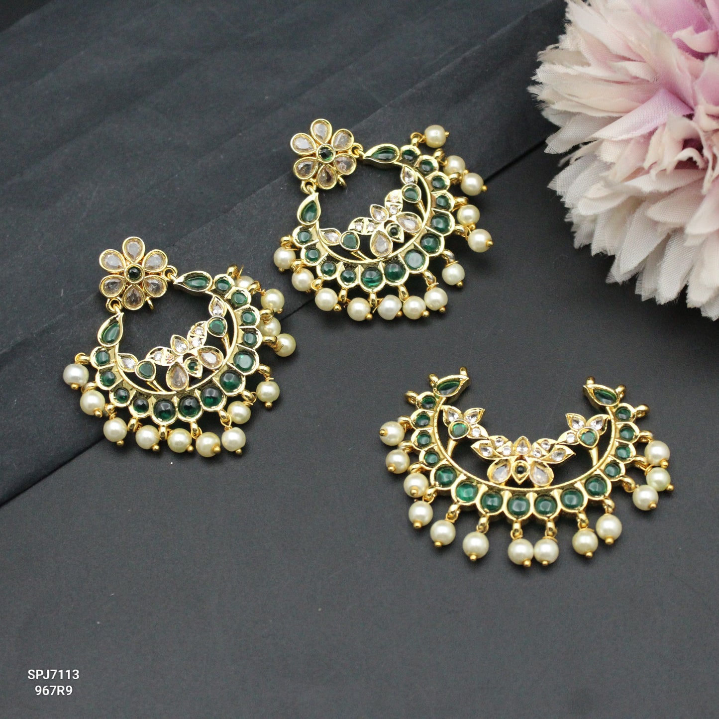 7113 Chandbali Kempu Lotus Pendant Set