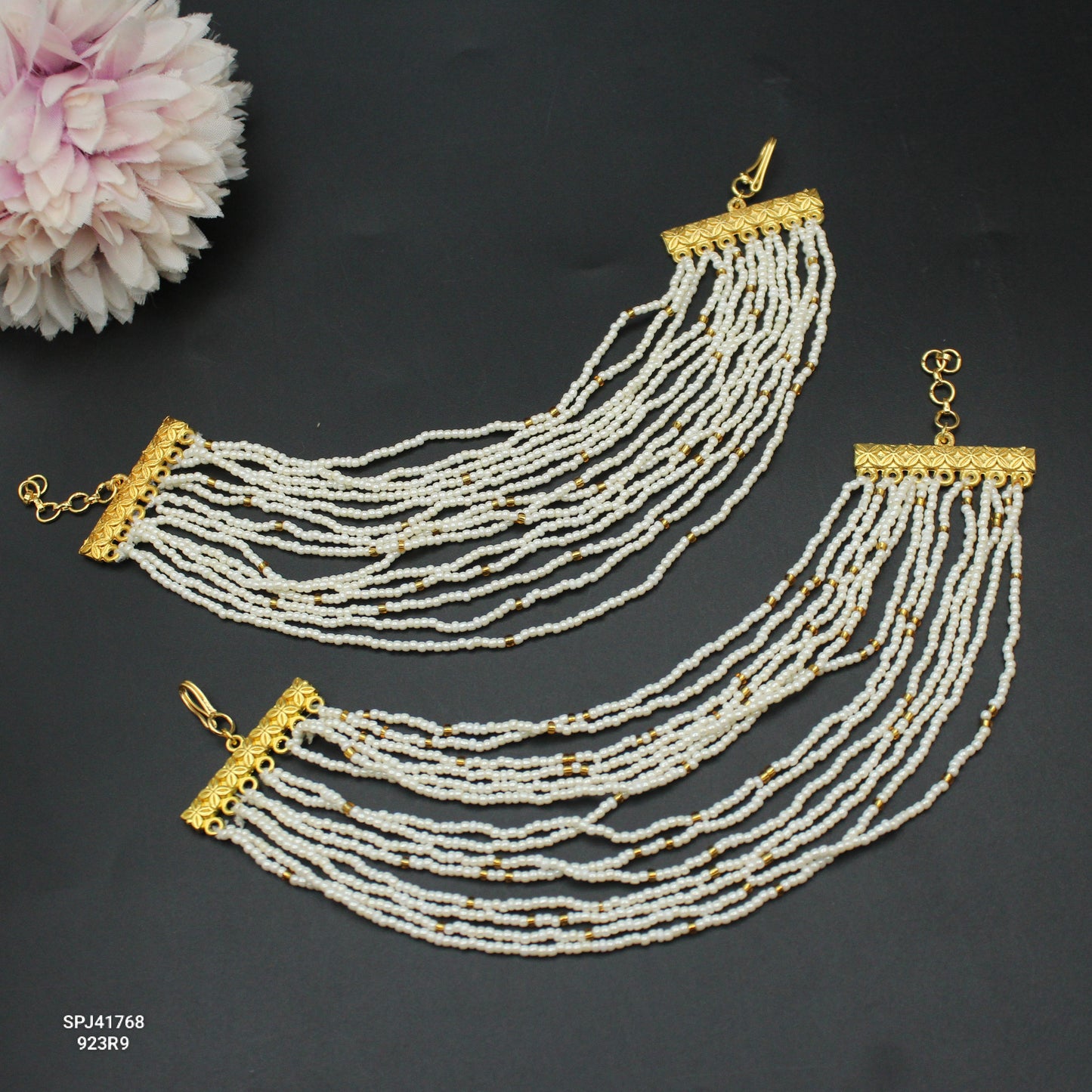 41768 Pearl hand made champaswaralu / ear chain / kaan chain with golden pearls