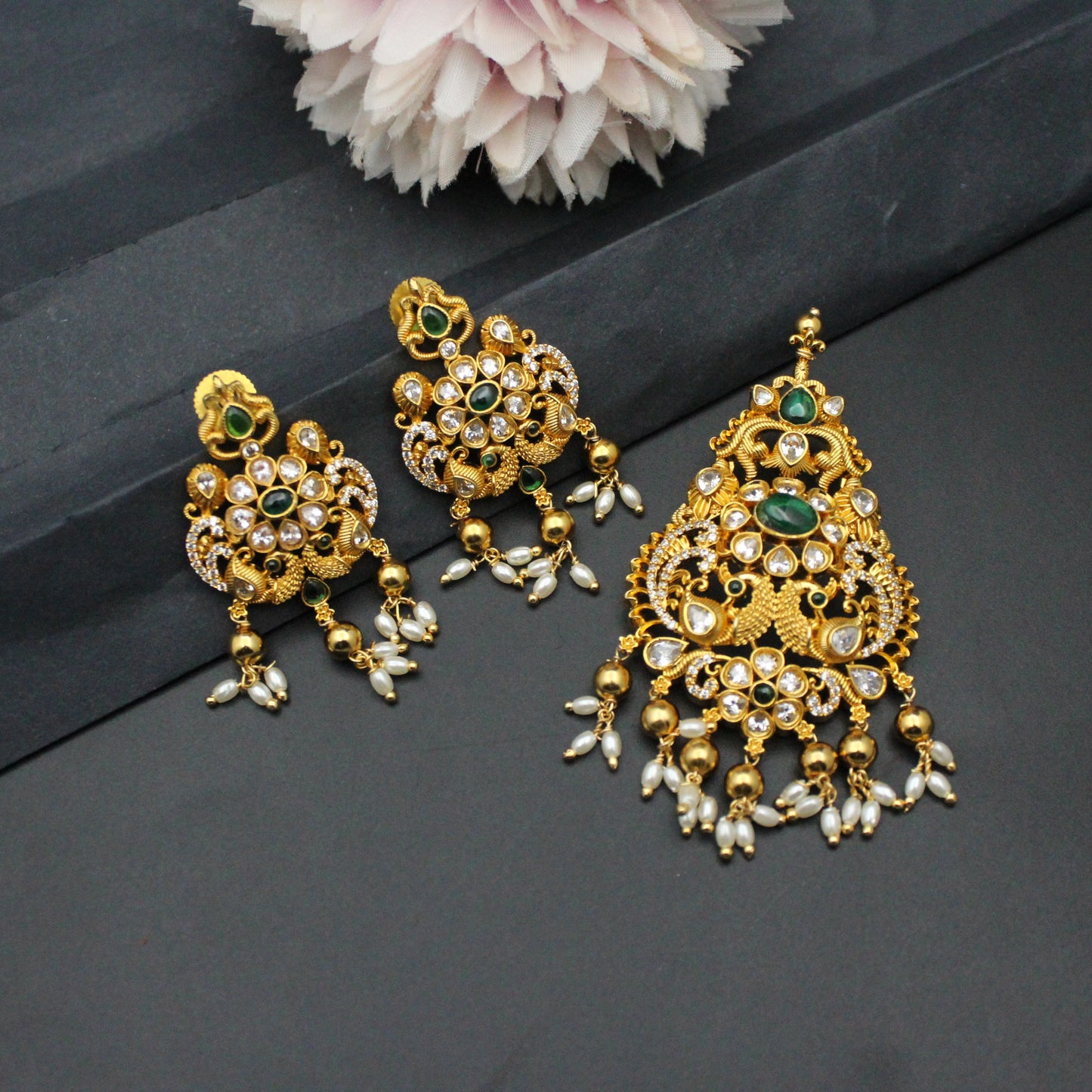 12343 Double Peacock Moissanite Nakshi Pendant Set