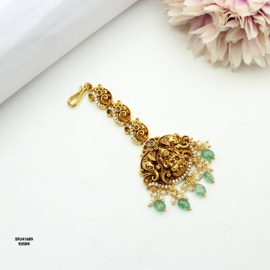 41689 Nakshi Laxmi Elephant Maangtikka  With Green Beads