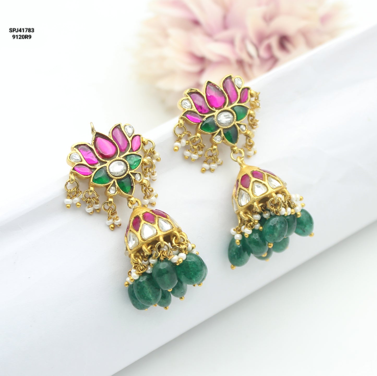 41783 / 41922 Lotus Jadau Kundan medium size screwback Jhumkas with Russian strawberry beads
