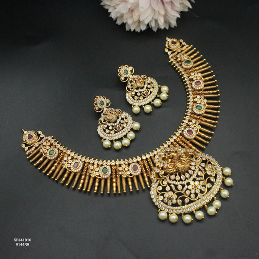 41816 Nakshi Gold Replica Peacock Multi Stone Kante With Screw Back Earrings