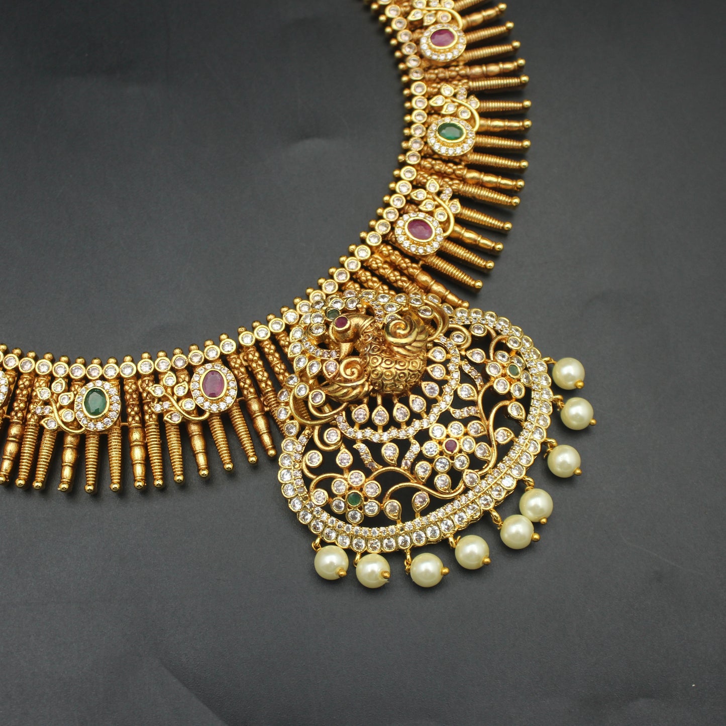 41816 Nakshi Gold Replica Peacock Multi Stone Kante With Screw Back Earrings