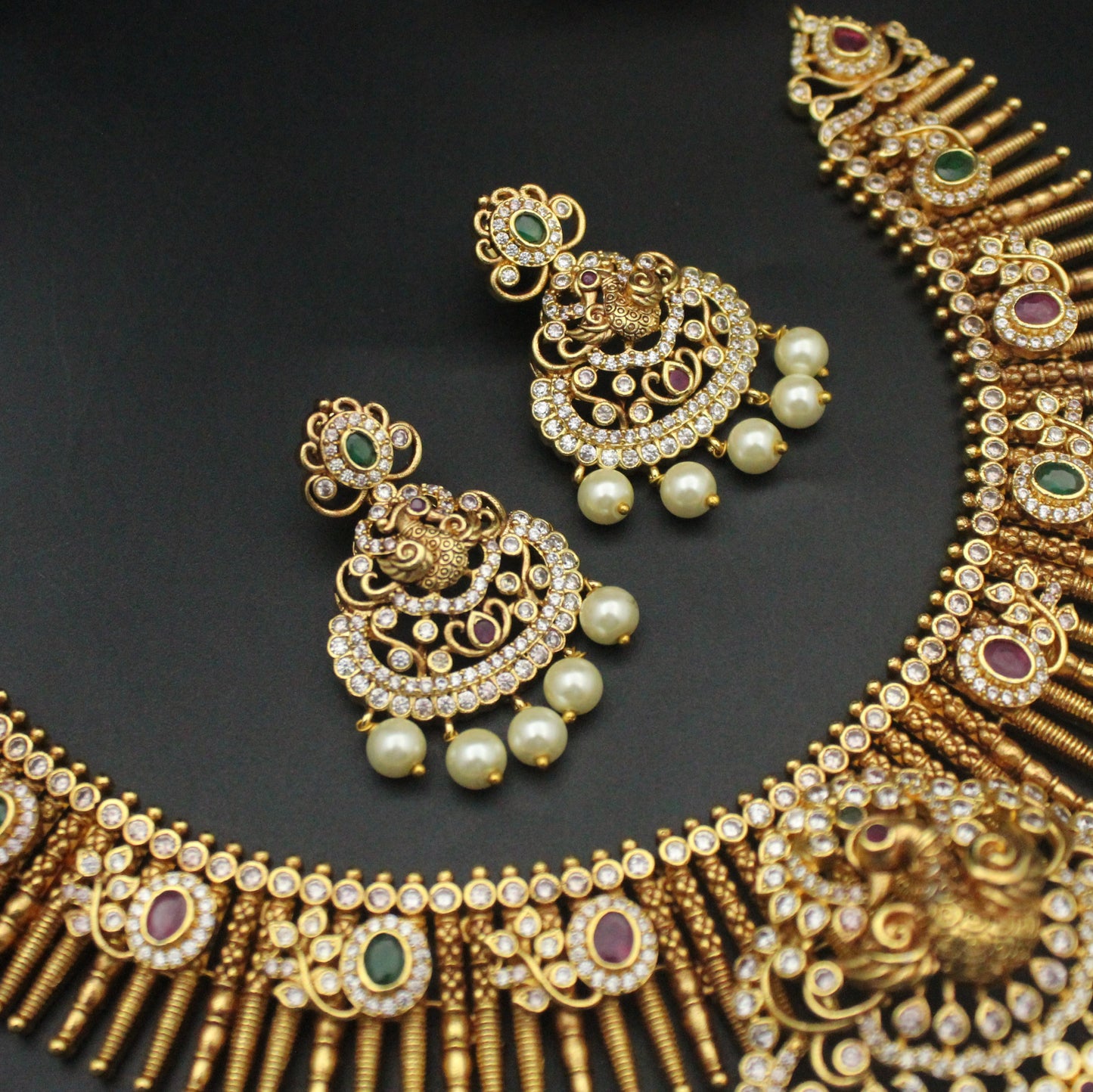 41816 Nakshi Gold Replica Peacock Multi Stone Kante With Screw Back Earrings