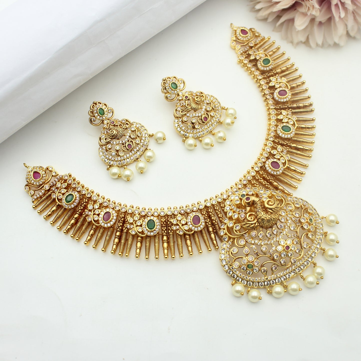 41816 Nakshi Gold Replica Peacock Multi Stone Kante With Screw Back Earrings