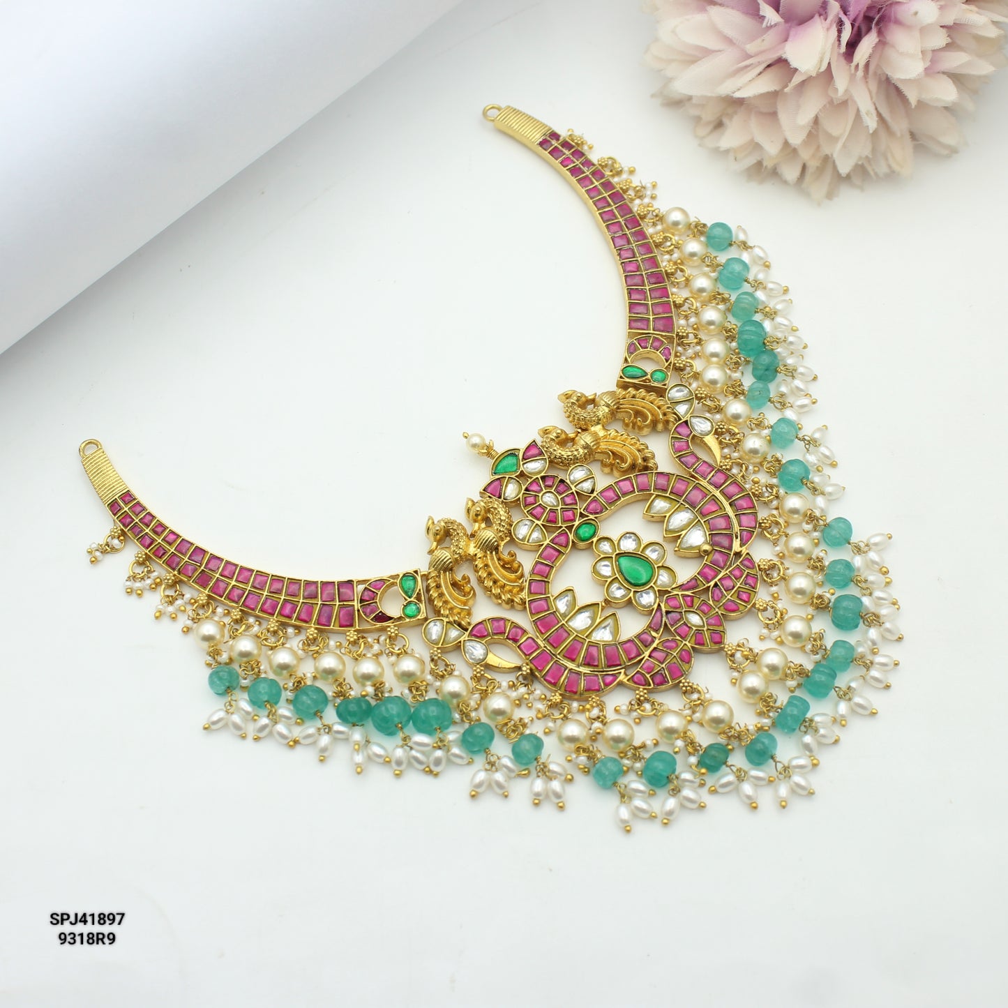 41897 Jadau double peacock short kante necklace