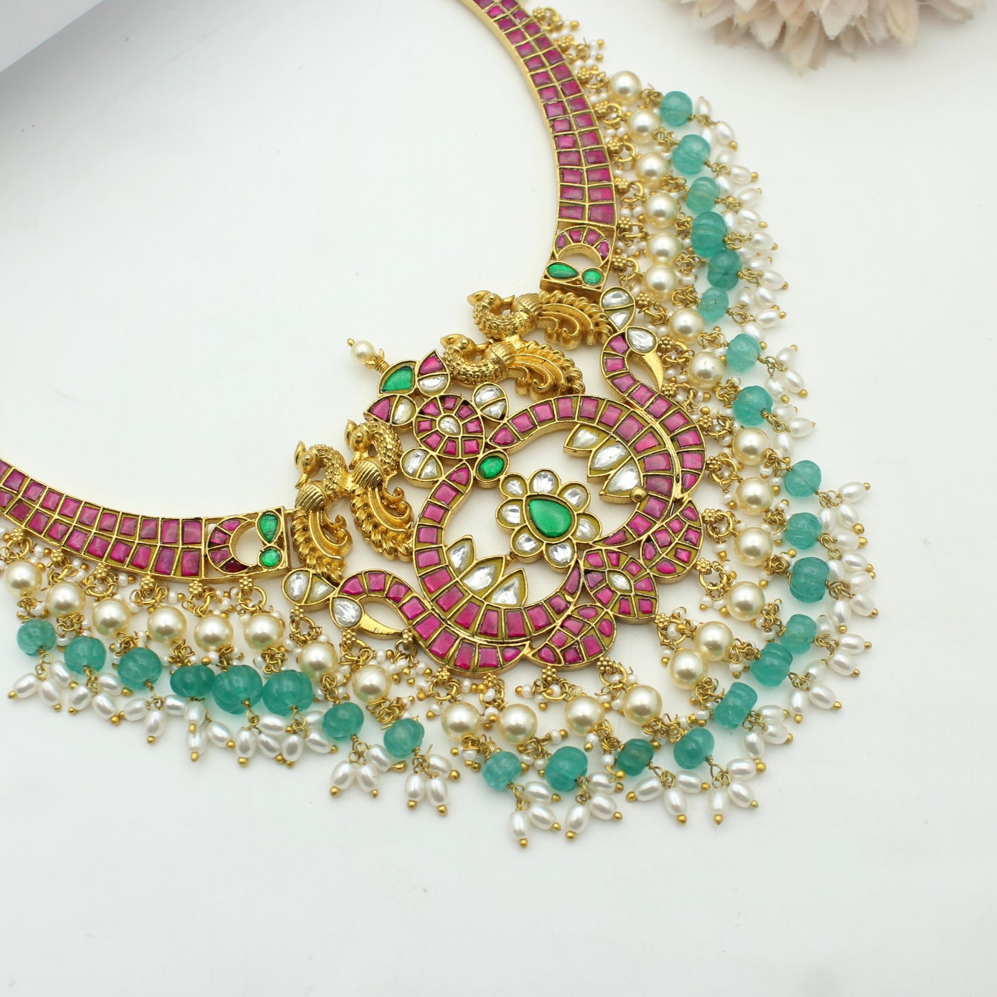 41897 Jadau double peacock short kante necklace