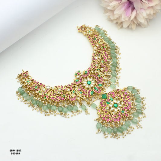 41887  Jadau double peacock flower pattern short necklace