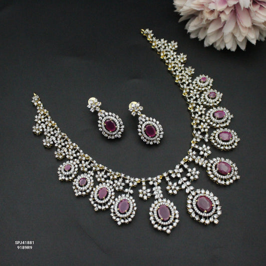 41881 GJ Fancy Short Necklace Set Red With Screw Back Earrings