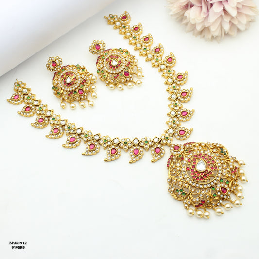 41912 Pota Stone Mango Peacock Short Necklace Set With Screw Back Earrings