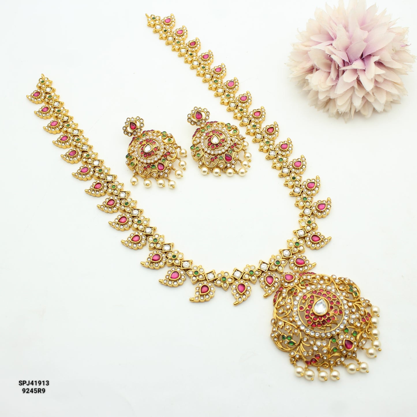 41913 Pota Stone Mango Peacock Long Necklace Set With Screw Back Earrings