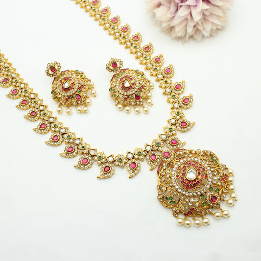 41913 Pota Stone Mango Peacock Long Necklace Set With Screw Back Earrings