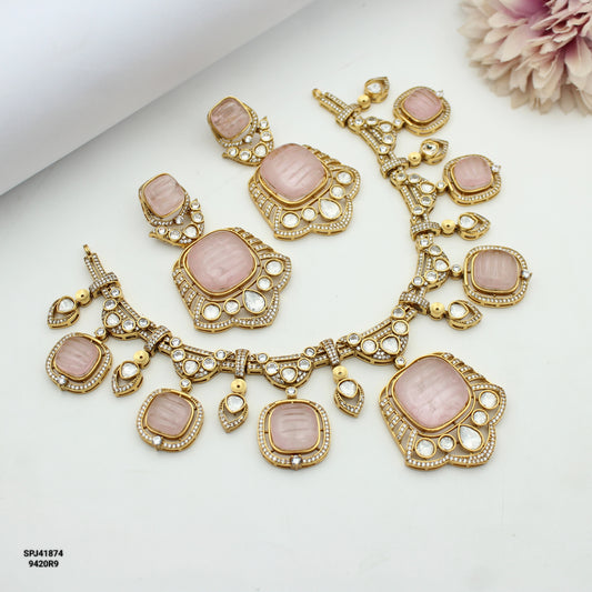 41874 Victorian Mint Pink Short Necklace With Push Back Earrings