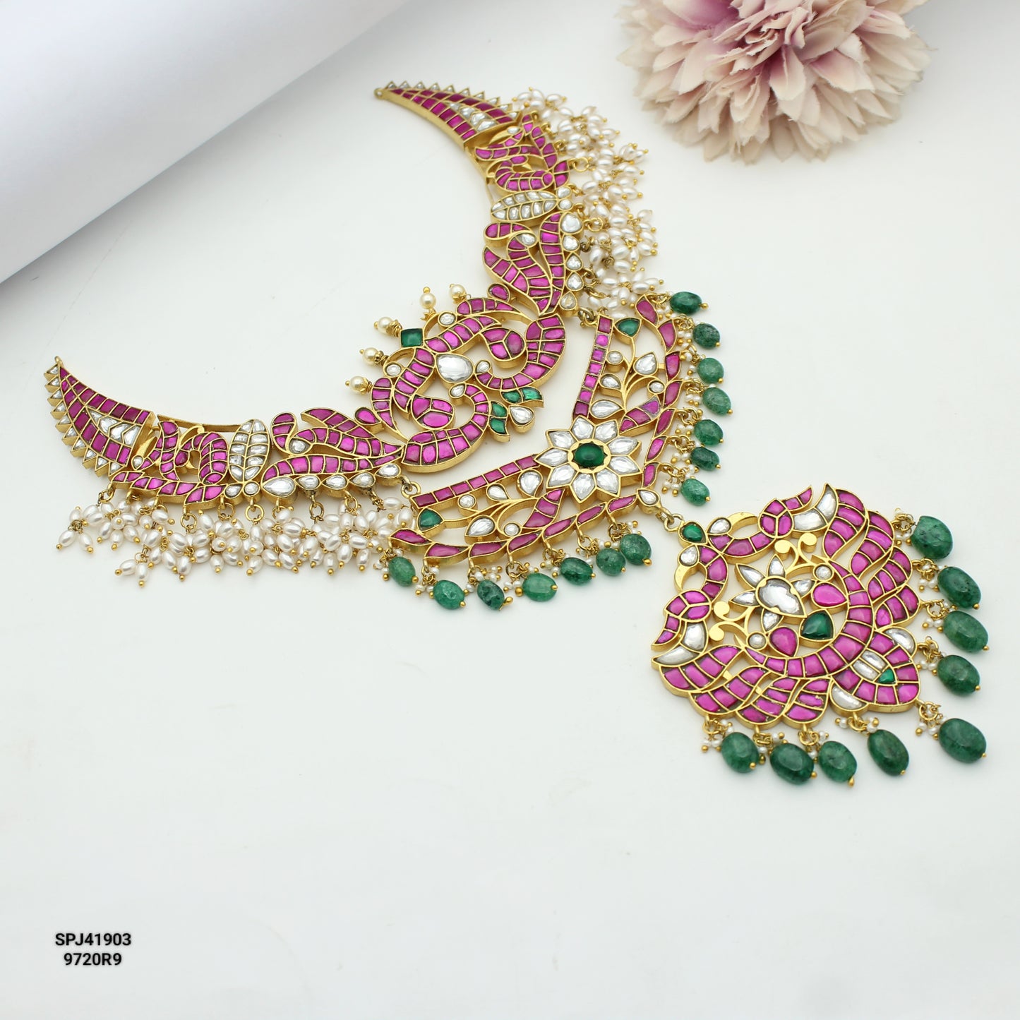 41903 Bridal 2 layered Jadau Kundan hand made necklace with rice pearls and Russian strawberry beads