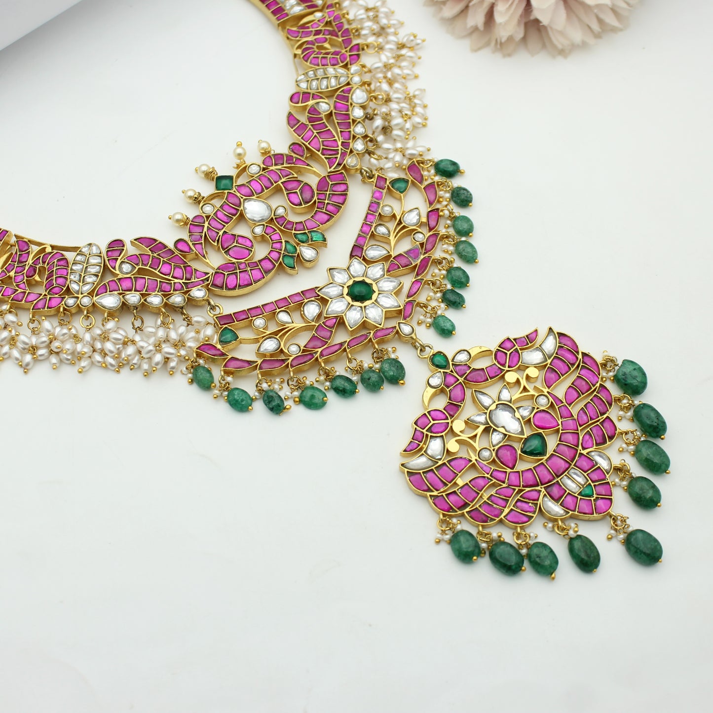 41903 Bridal 2 layered Jadau Kundan hand made necklace with rice pearls and Russian strawberry beads