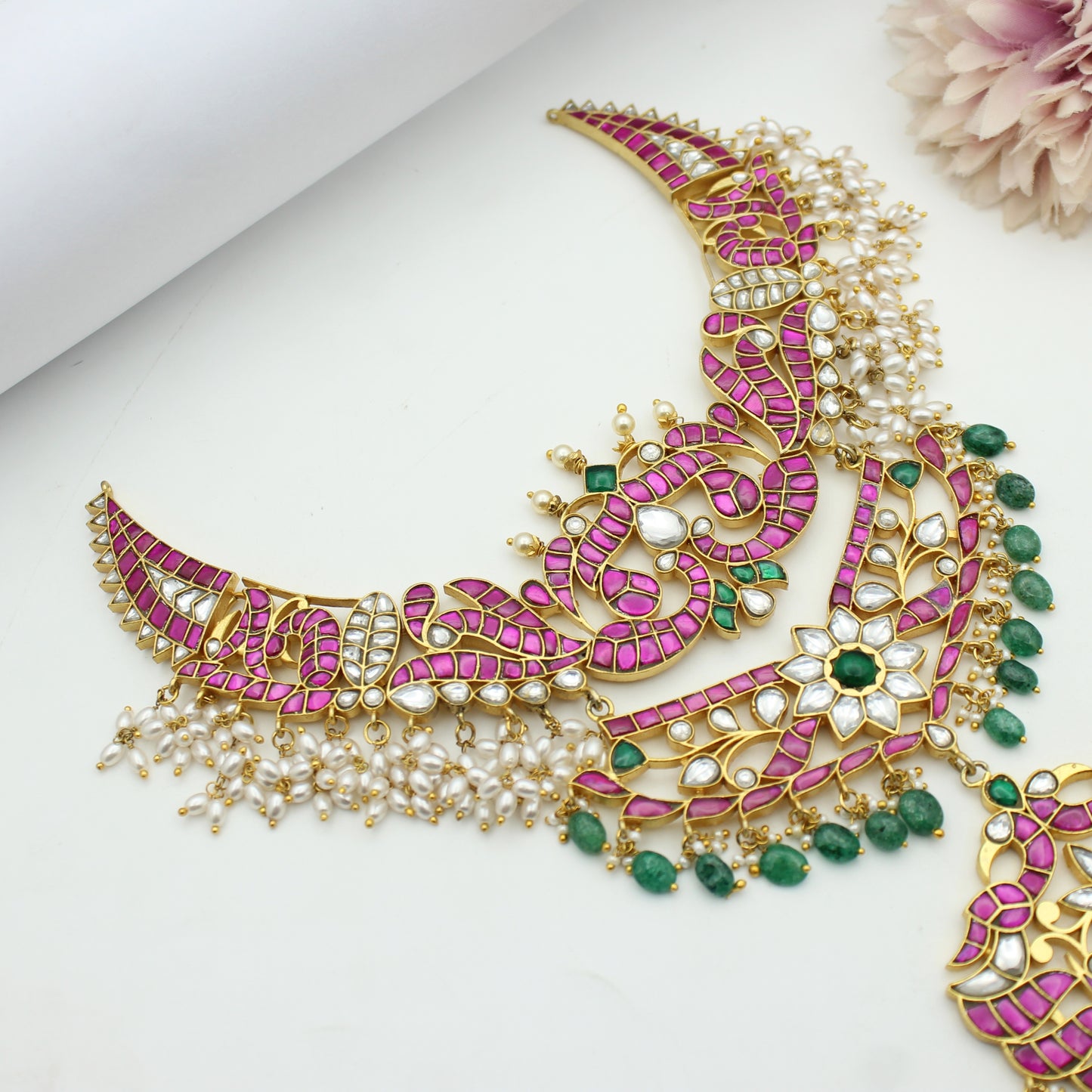 41903 Bridal 2 layered Jadau Kundan hand made necklace with rice pearls and Russian strawberry beads