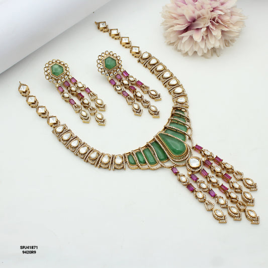 41871 Victorian Multi Moissanite Long Necklace With Push Back Earrings