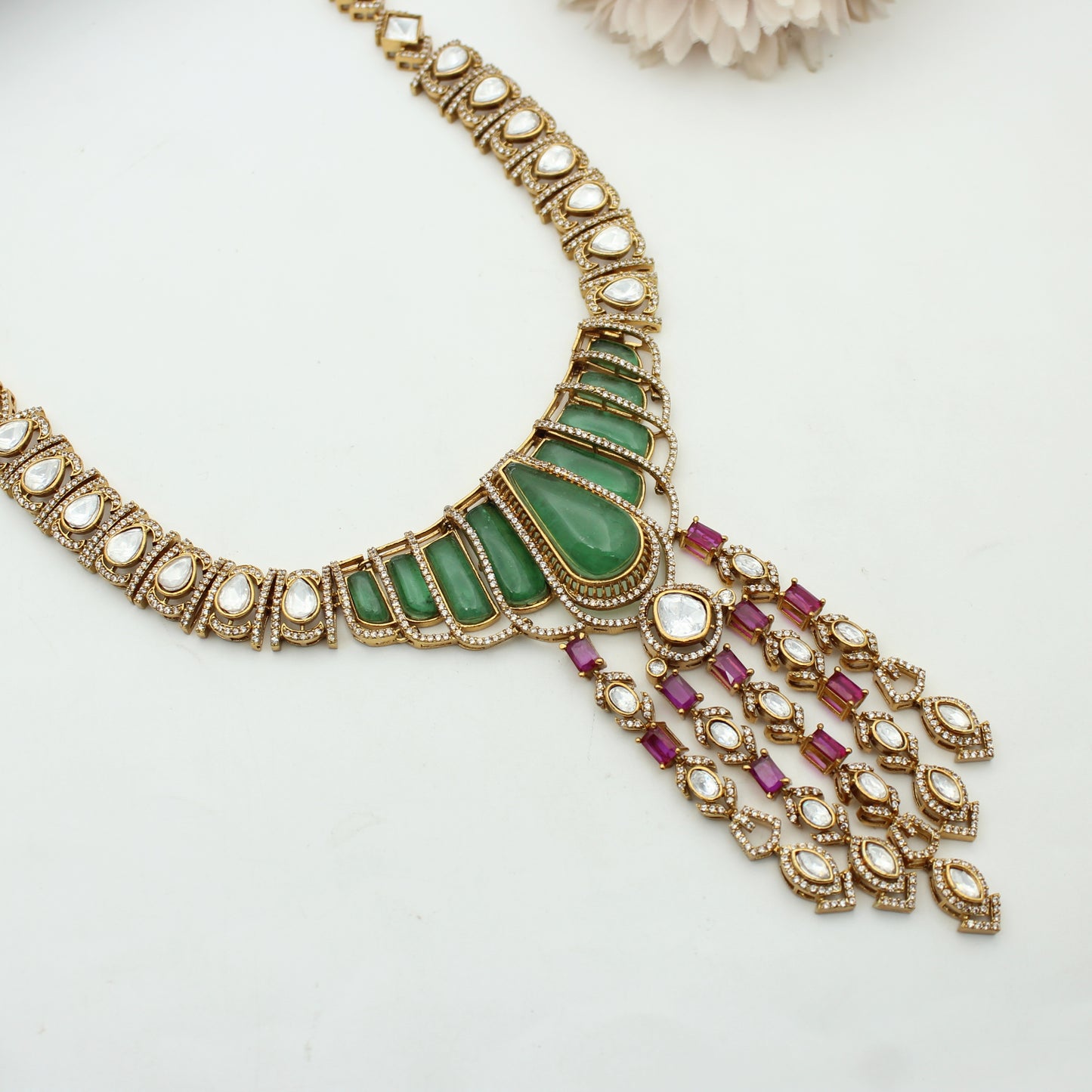 Victorian Multi Moissanite Long Necklace With Push Back Earrings