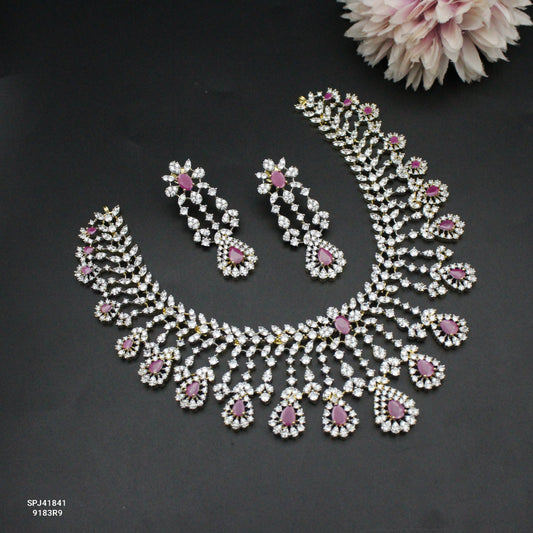 41841 Diamond replica bridal necklace with Ruby stones and screwback earrings