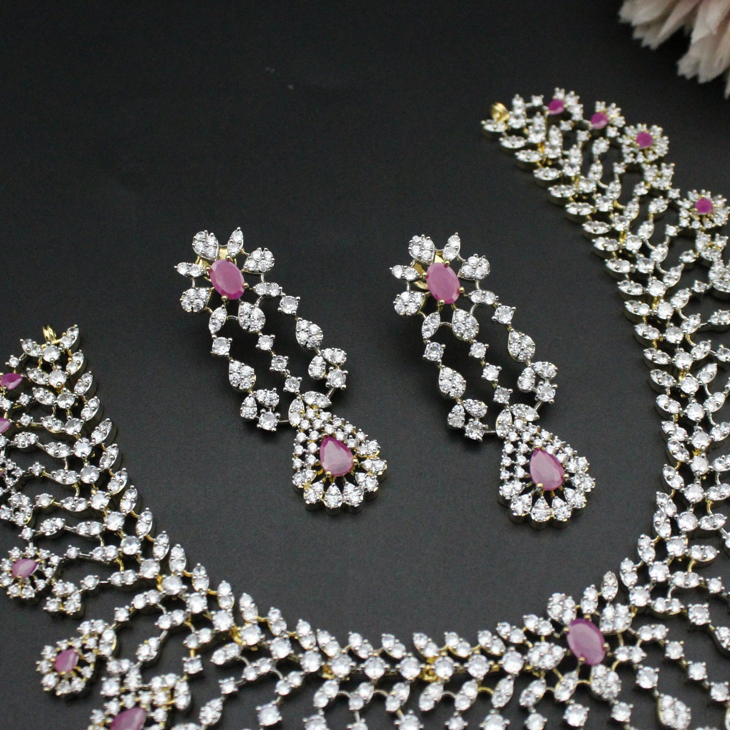 41841 Diamond replica bridal necklace with Ruby stones and screwback earrings