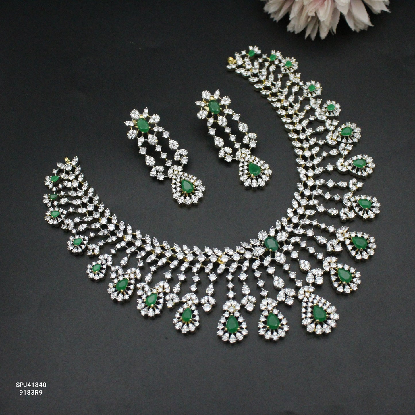 41840 Diamond replica bridal necklace with screwback earrings