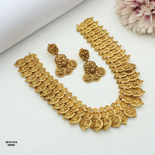 41918 Nakshi Laxmi Double Kasulu Necklace Set With Screw Back Earrings