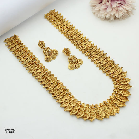 41917 Nakshi Laxmi Double Kasulu Short Necklace Set With Screw Back Earrings