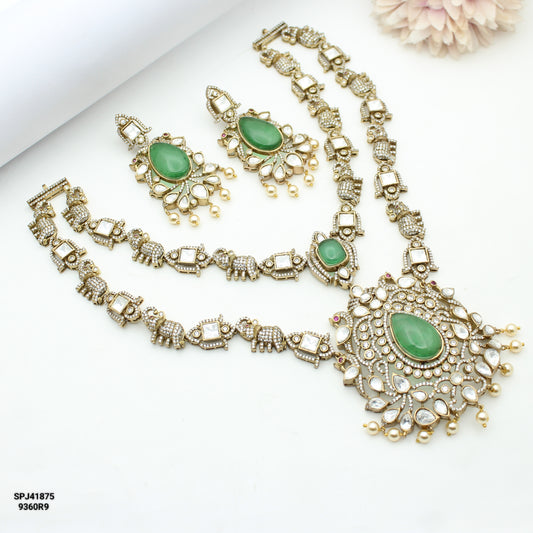 41875 Victorian Green Moissanite Elephant Necklace Set With Push Back Earrings