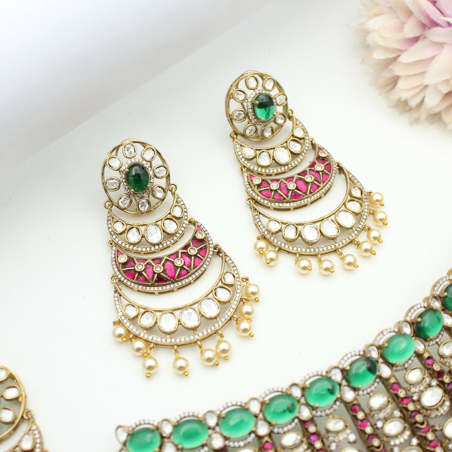 41869 Moissanite Heavy Choker Green Stone With Big Push Back Earrings And Maangtikka