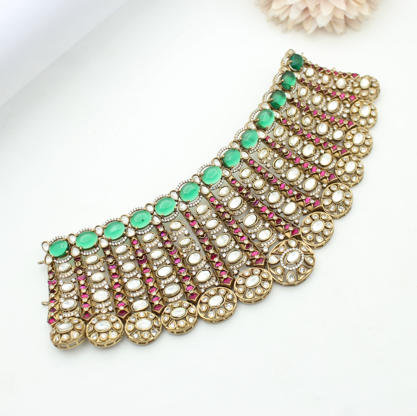 41869 Moissanite Heavy Choker Green Stone With Big Push Back Earrings And Maangtikka