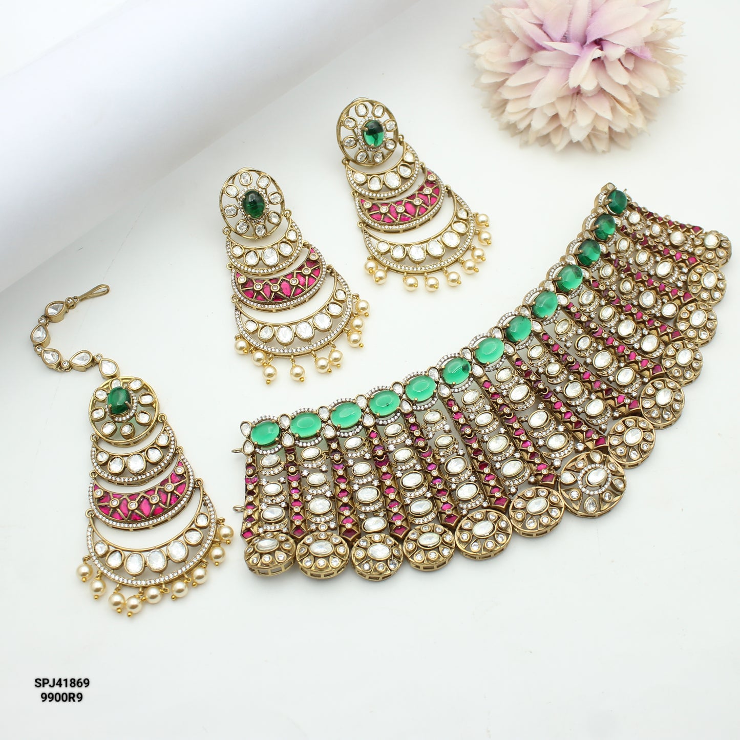 41869 Moissanite Heavy Choker Green Stone With Big Push Back Earrings And Maangtikka