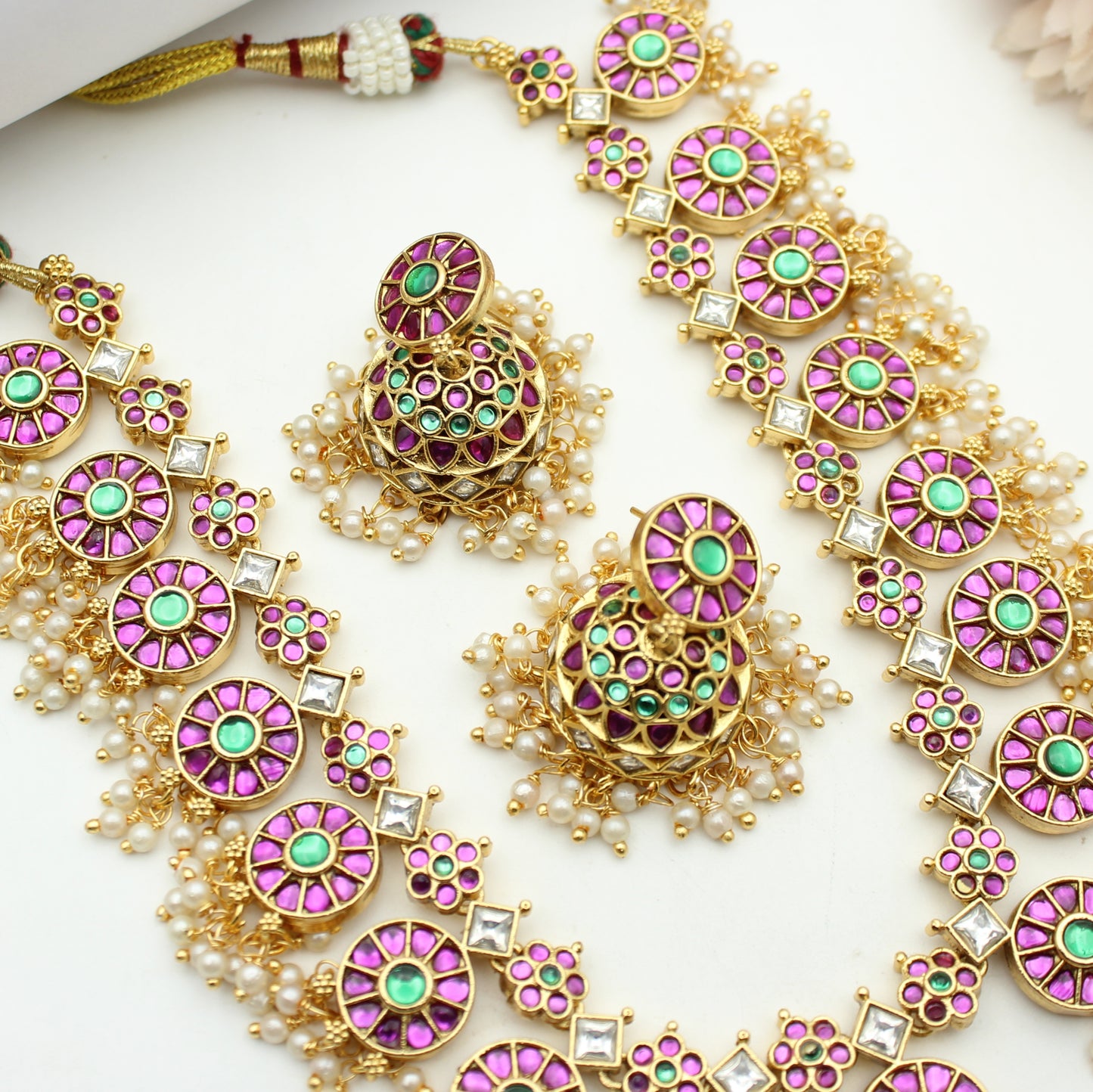 41932 Jadau Bottumala Necklace Set Short With Push Back Earrings