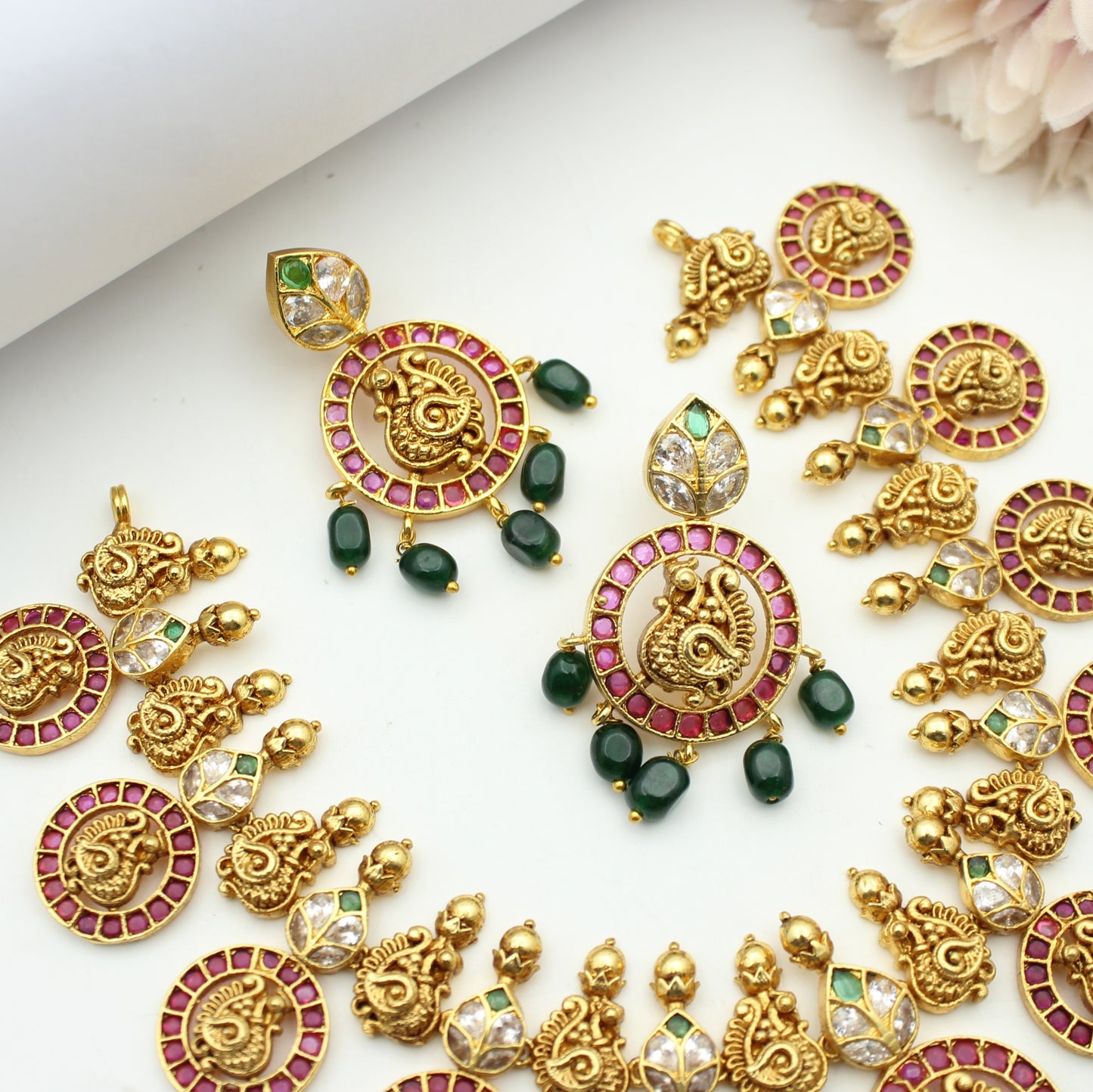 41926 Peacock Bottu mala Short Necklace Set With Screw Back Earrings