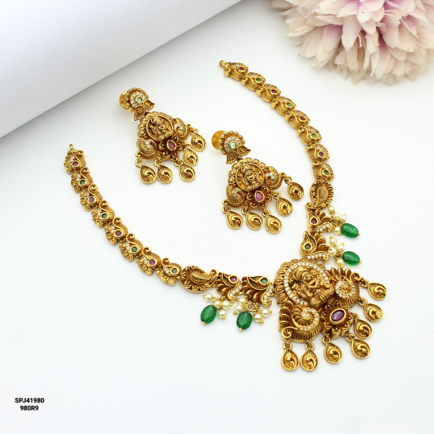 41980  Nakshi short laxmi necklace with push back earrings