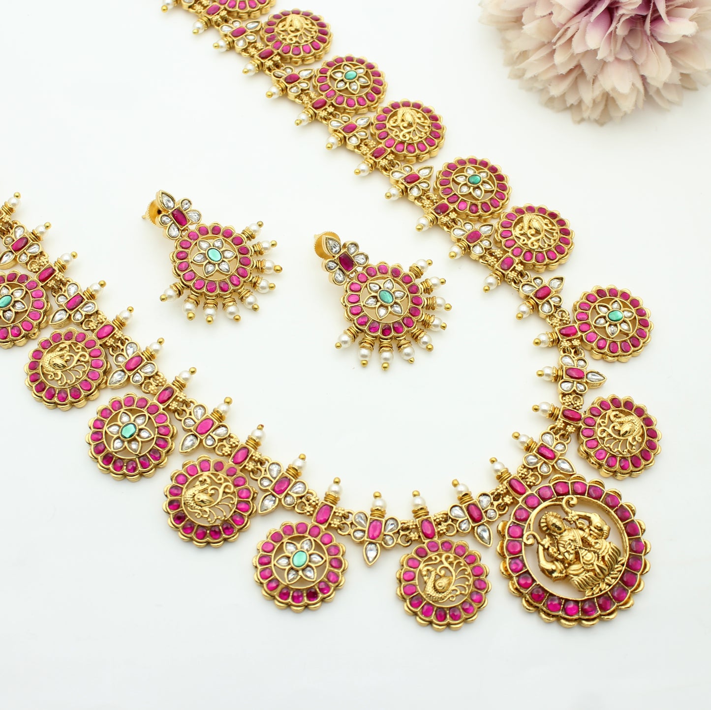 41991 Jadau Kundan Handmade Bottumala with Lakshmi peacock pattern