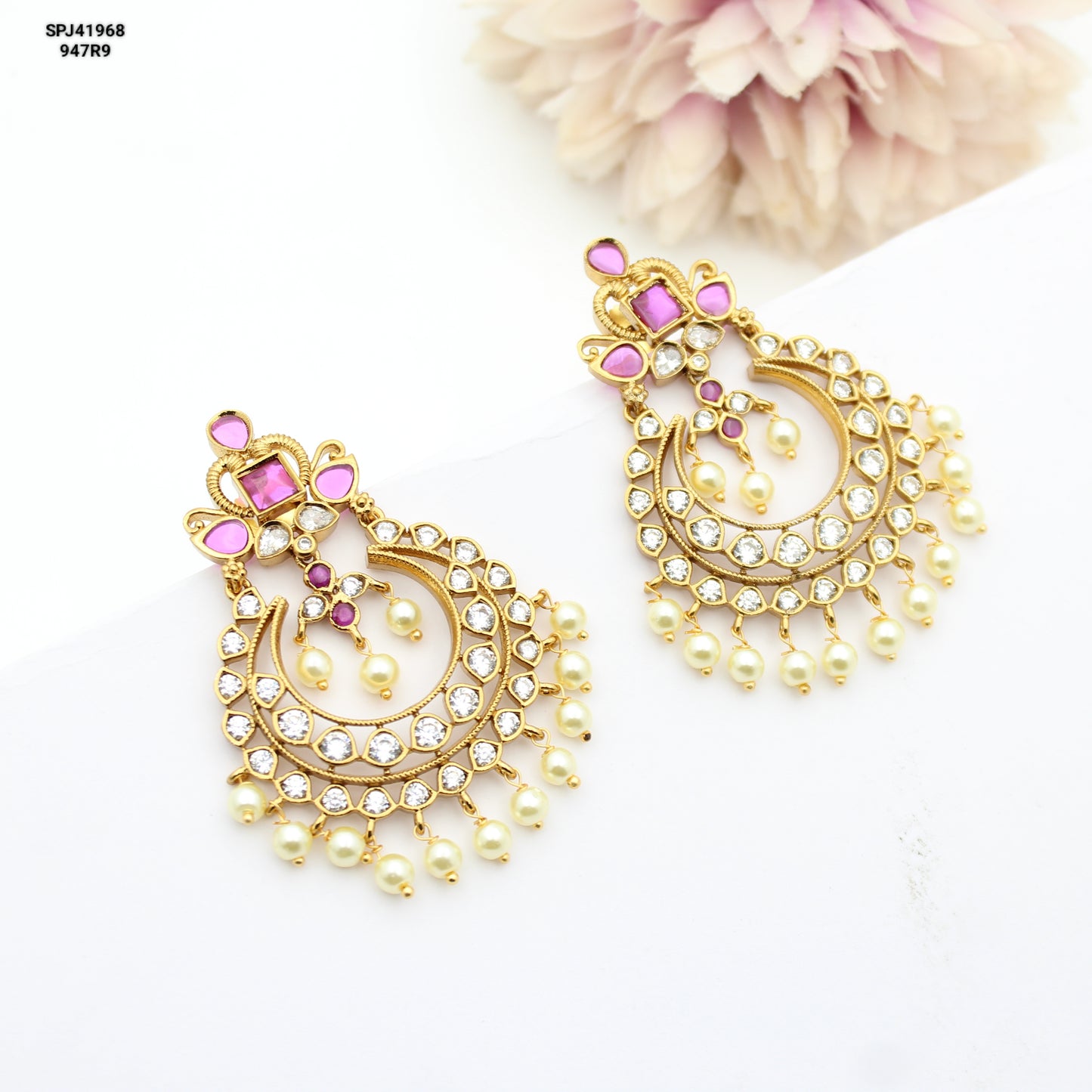 41968 Pota Stone Chandbali Red Heavy