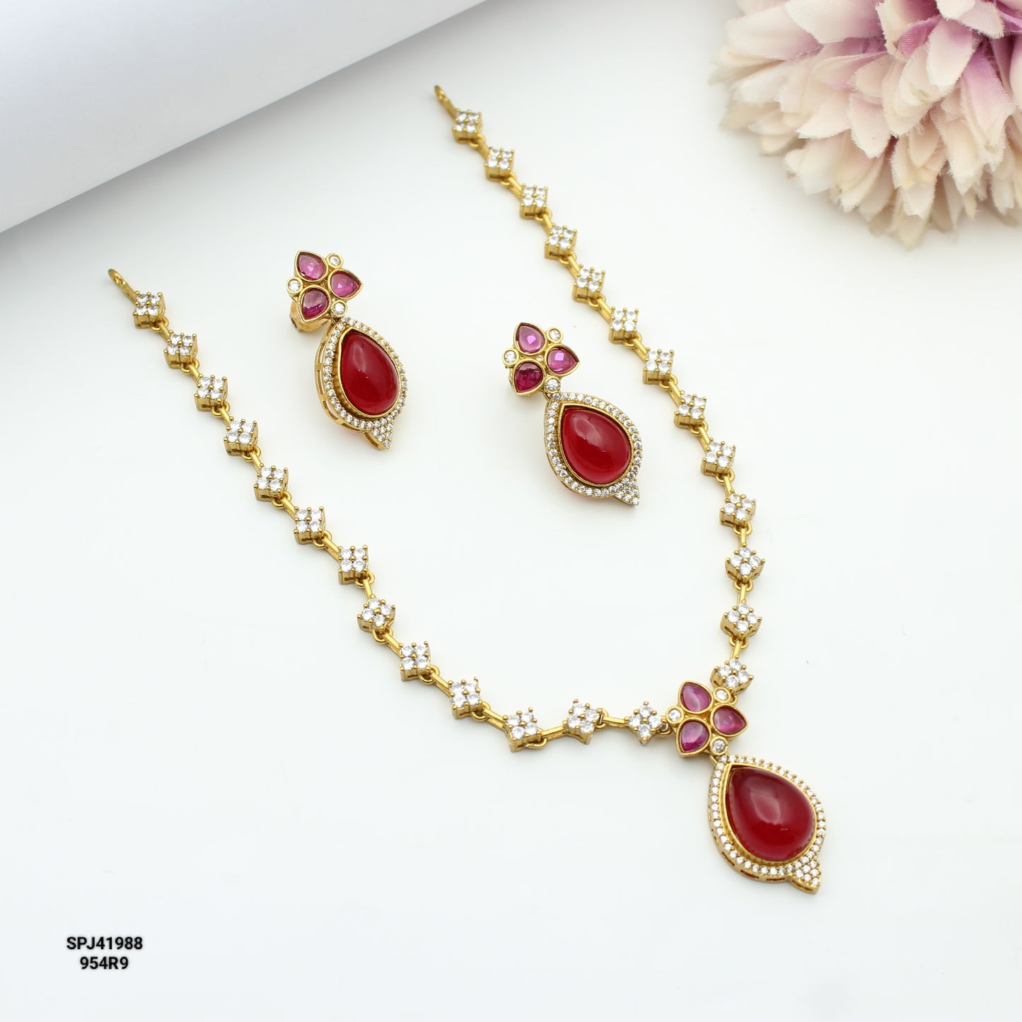 Victorian simple short necklace with Duplet ruby stone and pushback earrings