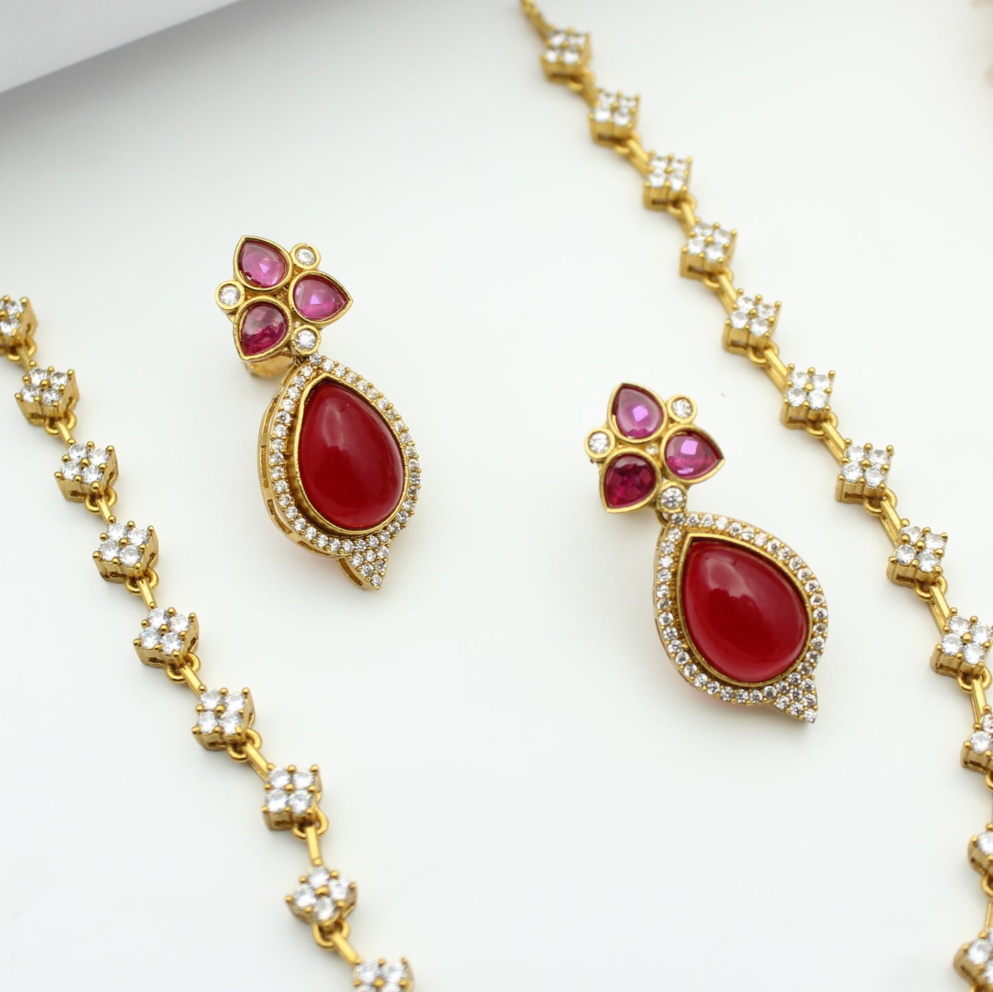Victorian simple short necklace with Duplet ruby stone and pushback earrings