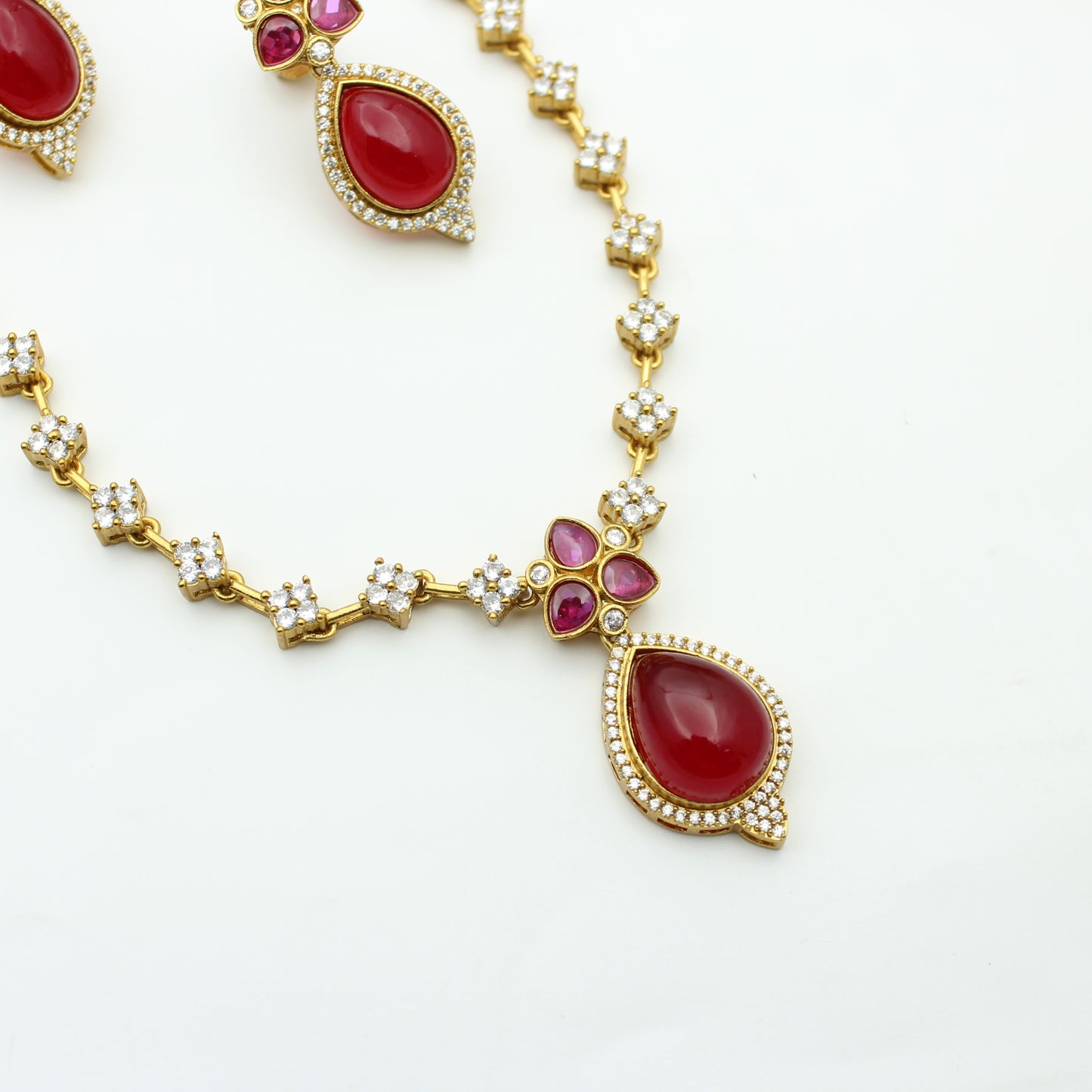 Victorian simple short necklace with Duplet ruby stone and pushback earrings