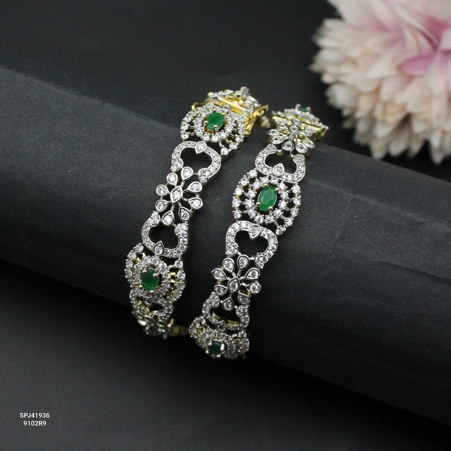 41936 Diamond replica openable bangles with premium quality and finishing in Emerald stones
