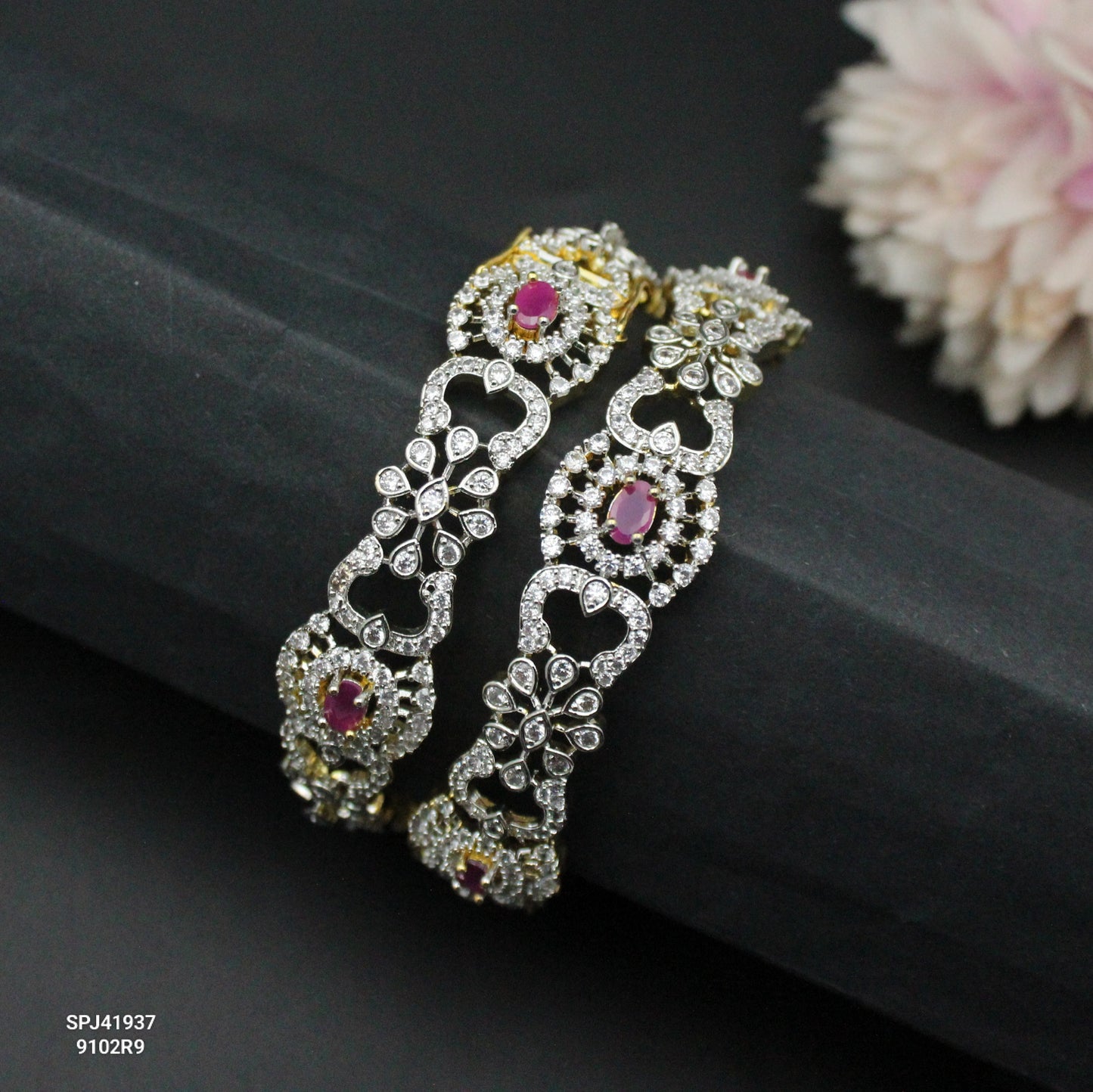41937 Diamond replica openable bangles with premium quality and finishing with Ruby stones