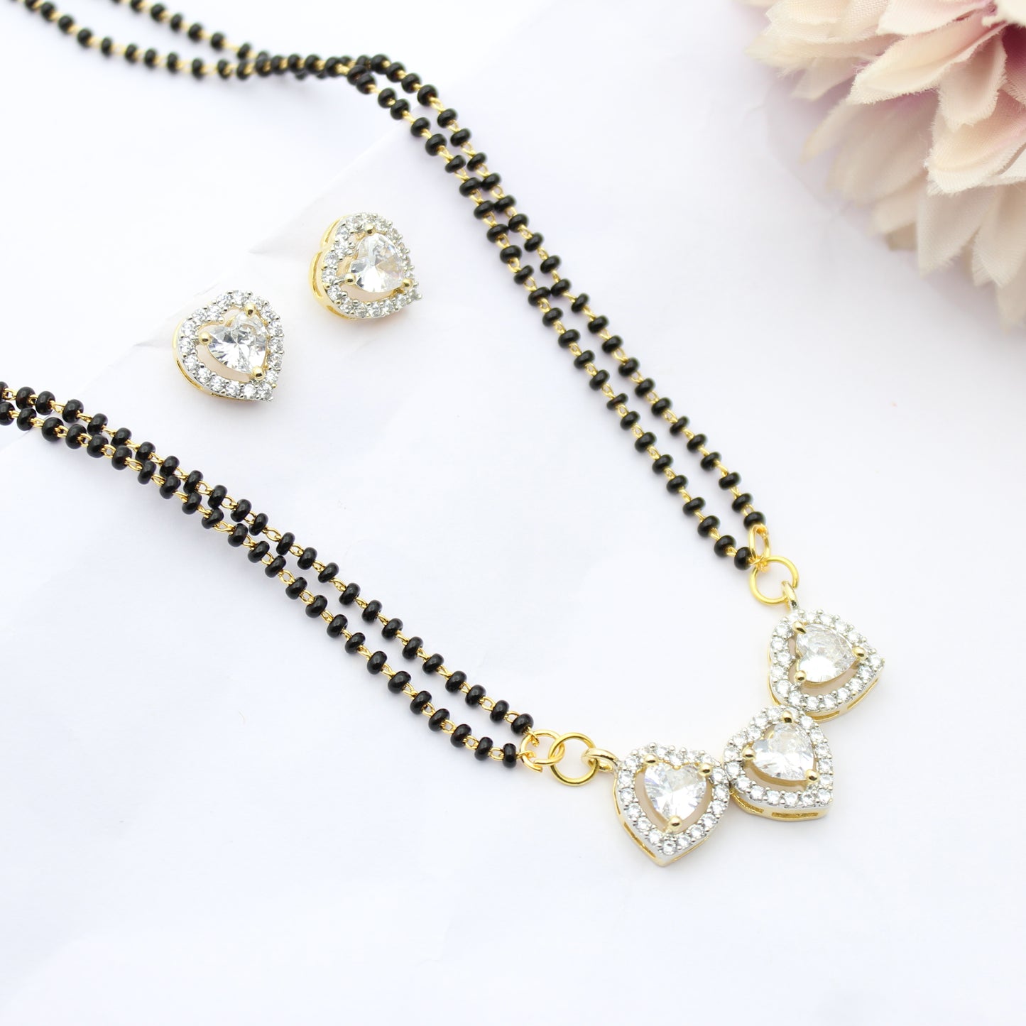 41625 GJ 3 Heart Shape Pendant Set With 2 Lines Black Beads Mala