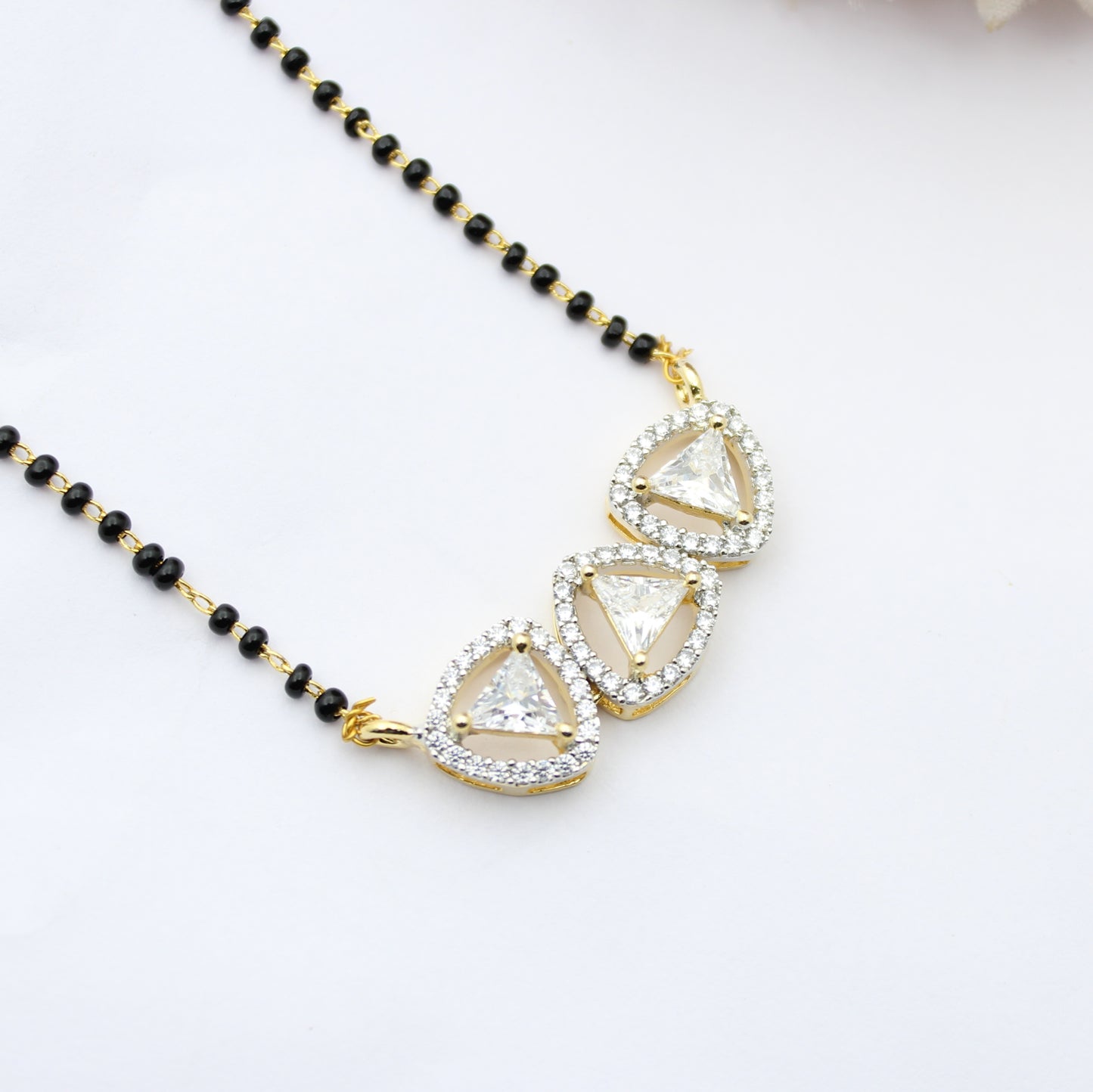 41621 GJ 3 Heart Shape Pendant Set With 2 Lines Black Beads Mala